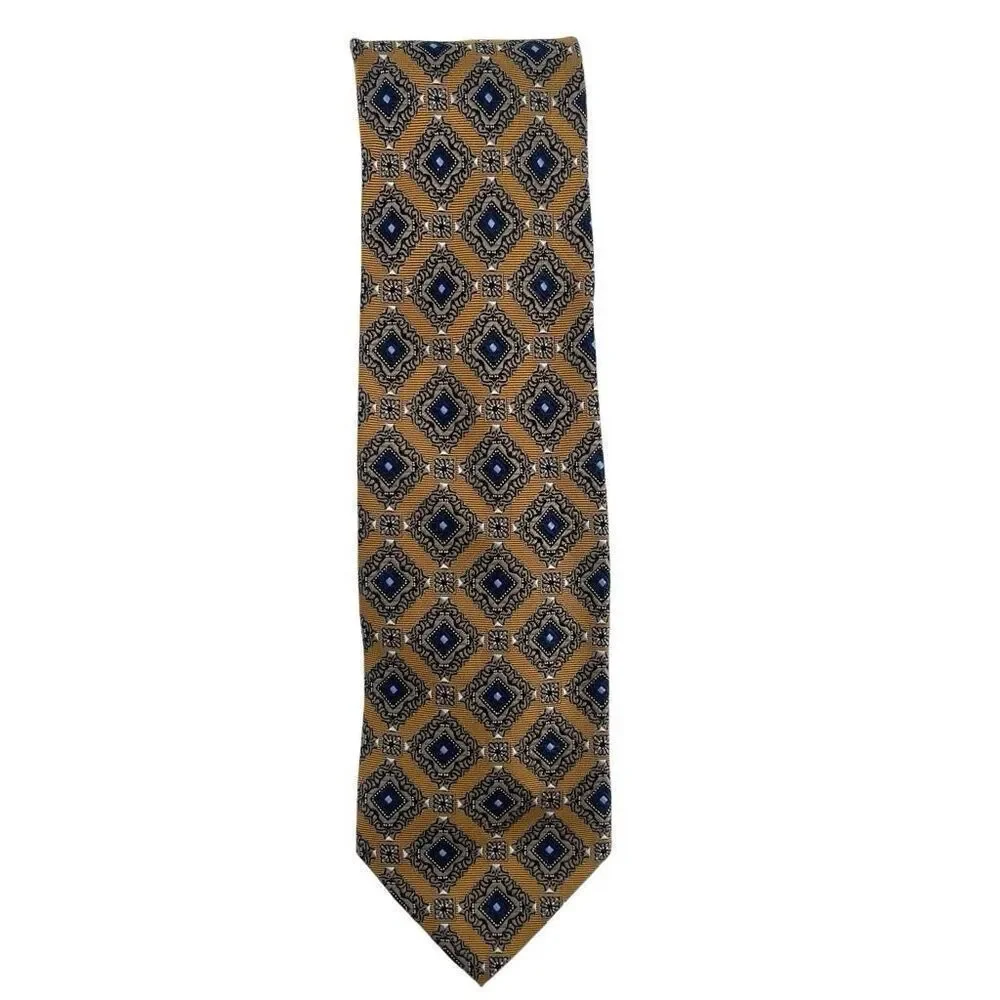 Jos A Bank Signature Collection 100% Silk Gold Blue Medallion Geometric Tie